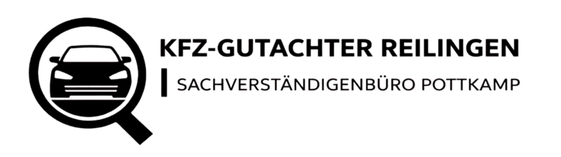 Logo der KFZ-Gutachter Reilingens und umgebung mit Lupe und Auto-Symbol.