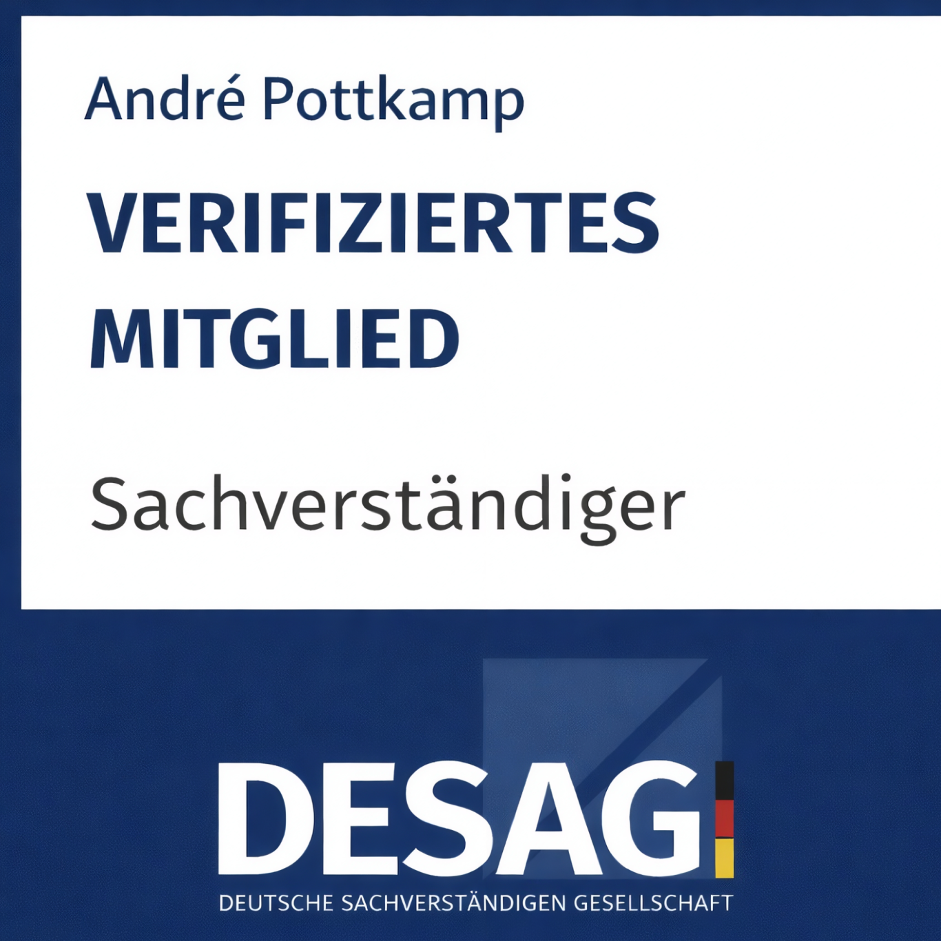 Logo von DESAG mit dem Namen André Pottkamp und dem Text „Verifiziertes Mitglied“.